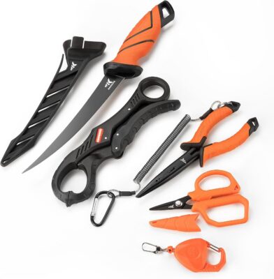Naturgo SteelStream 6pc Fishing Tool Kit - Corrosion Resistant Fishing Pliers with Lanyard, Fillet Knife, Floating Fish Lip Gripper, Fishing Braid Scissors, Tool Retractor, Fishing Gifts for Men