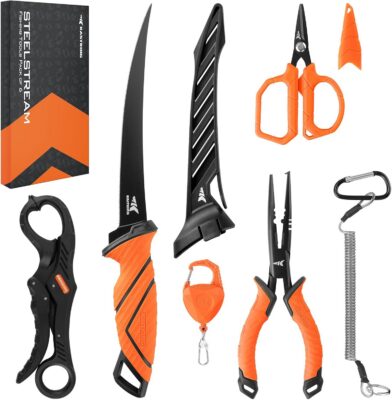 Naturgo SteelStream 6pc Fishing Tool Kit - Corrosion Resistant Fishing Pliers with Lanyard, Fillet Knife, Floating Fish Lip Gripper, Fishing Braid Scissors, Tool Retractor, Fishing Gifts for Men