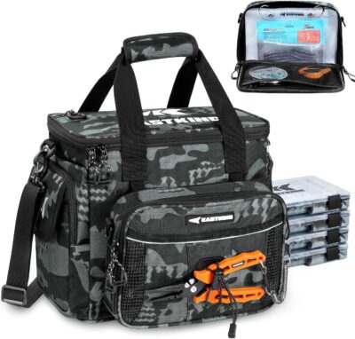 Naturgo BaitSpace Fishing Tackle Bag With 4 Tackle Boxes & Removable Bait Binder, Water-Resistant Tackle Storage, Durable Fishing Gear, Adjustable Shoulder Strap